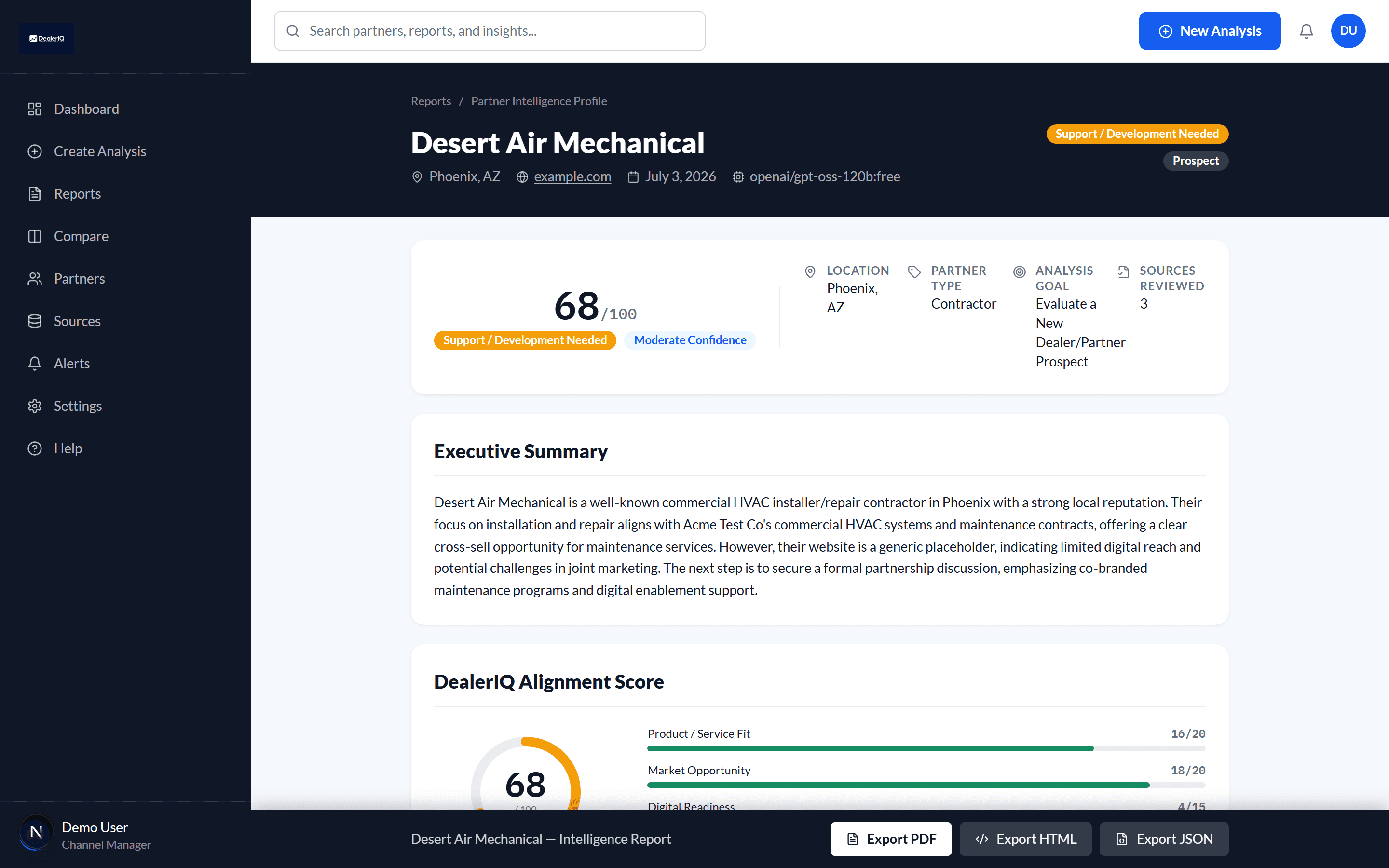 DealerIQ Partner Intelligence Profile showing the alignment score, executive summary, and score breakdown